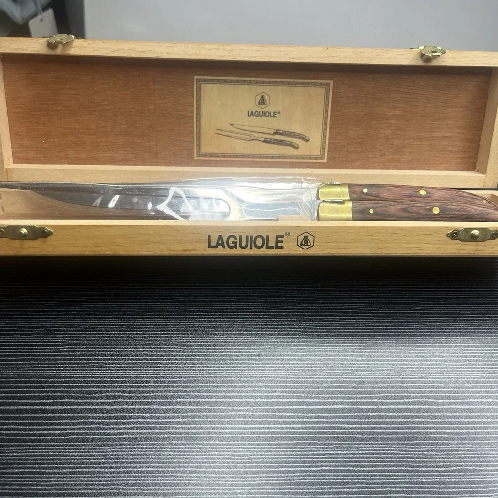 Laguiole Carving Knife & Fork Set Wood Handle Wooden Gift Box New